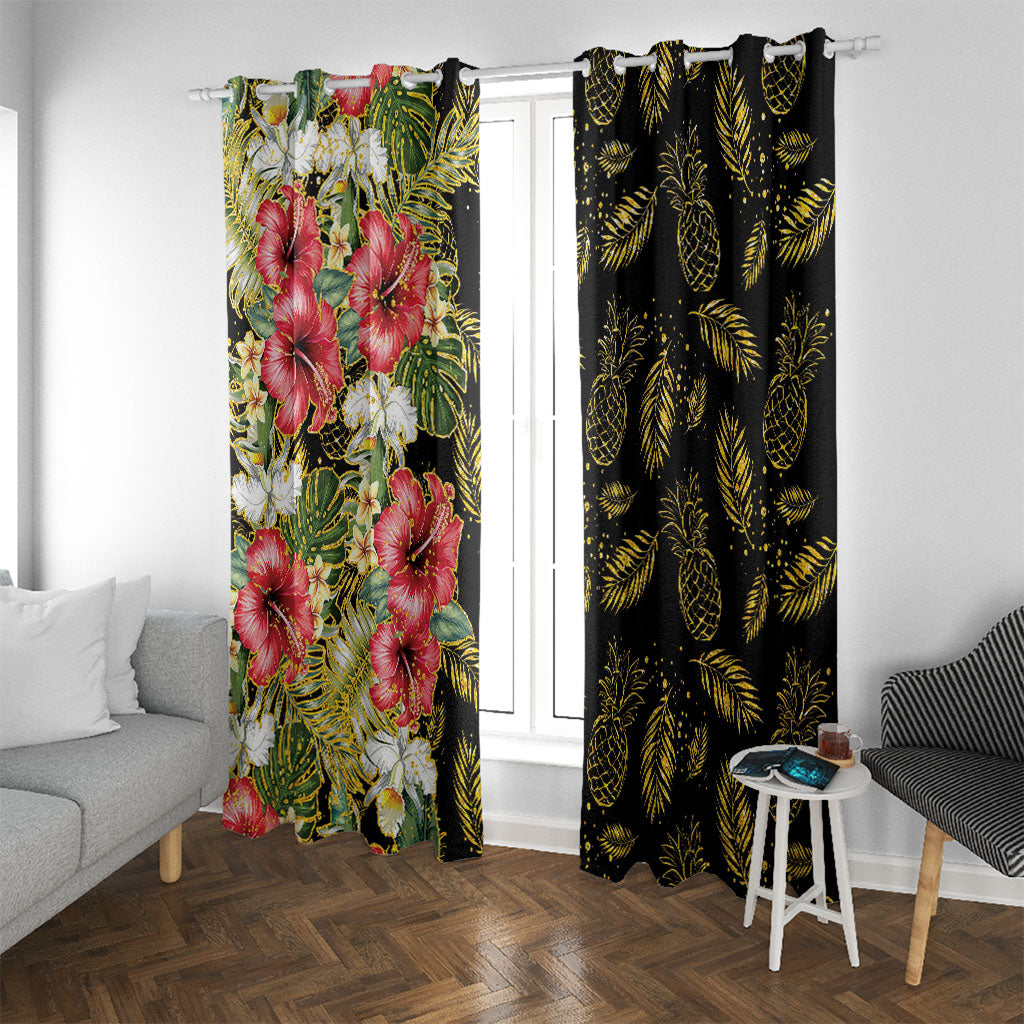 Hawaii Discoverers Day Window Curtain Tropical Hibiscus Glitter Black