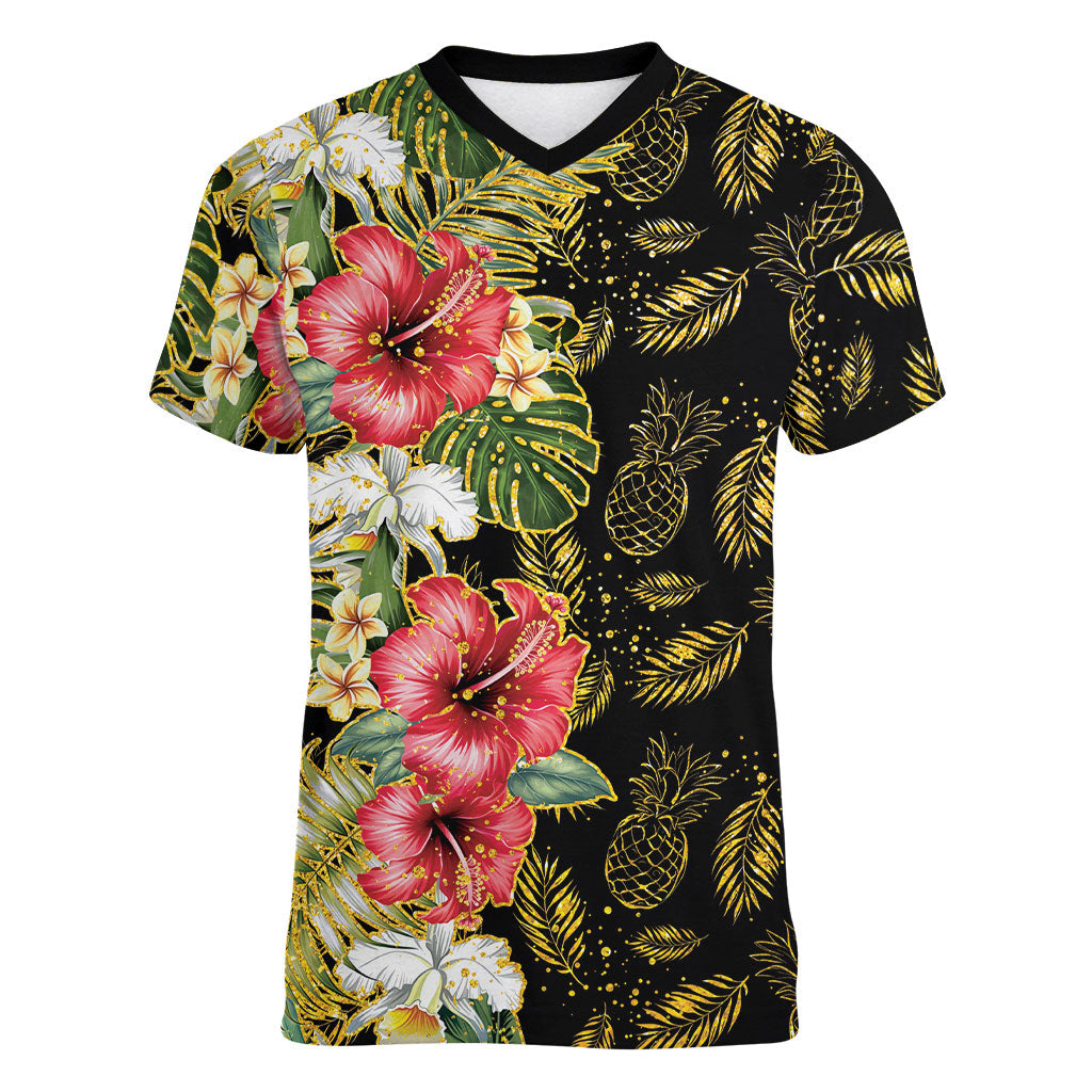 Hawaii Discoverers Day Women V-Neck T-Shirt Tropical Hibiscus Glitter Black