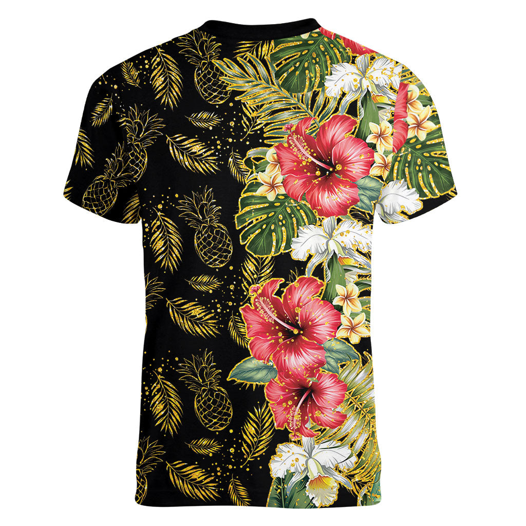 Hawaii Discoverers Day Women V-Neck T-Shirt Tropical Hibiscus Glitter Black