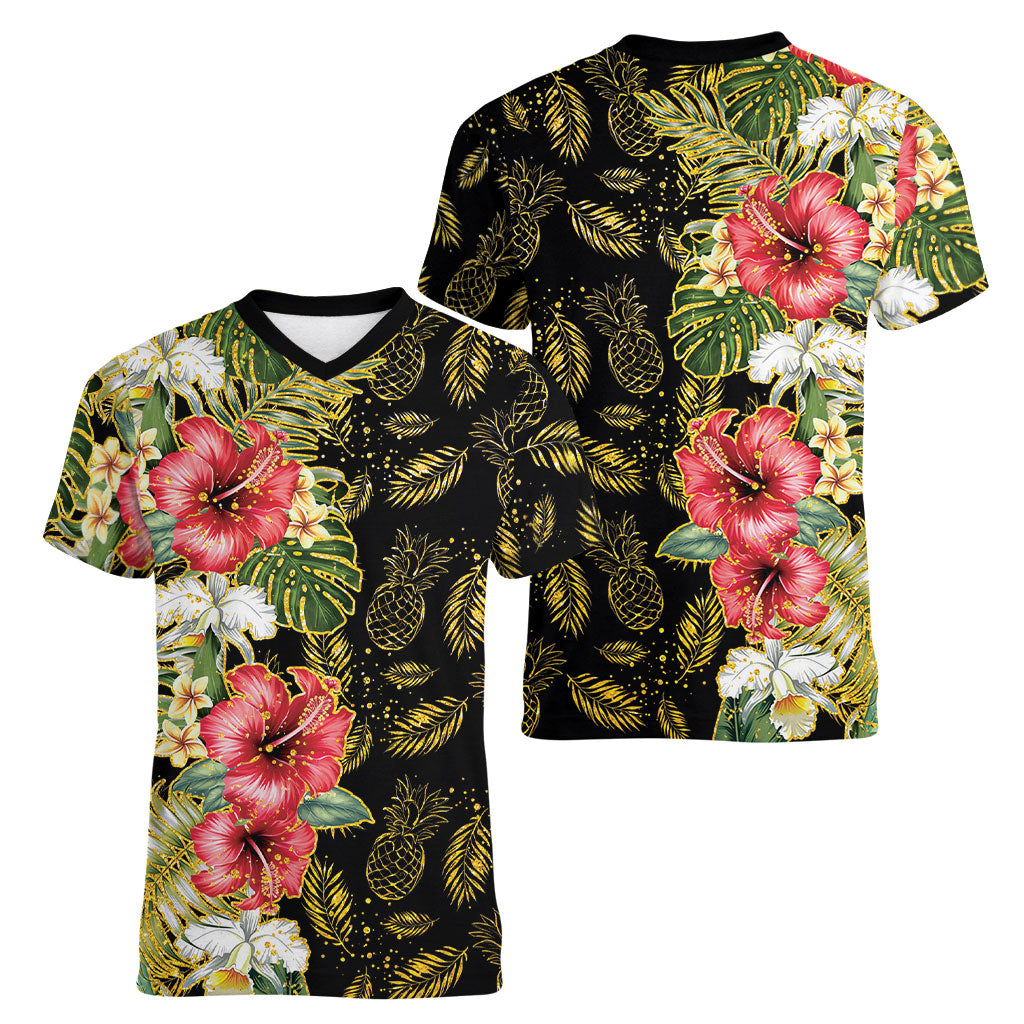 Hawaii Discoverers Day Women V-Neck T-Shirt Tropical Hibiscus Glitter Black