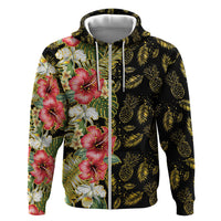 Hawaii Discoverers Day Zip Hoodie Tropical Hibiscus Glitter Black LT05 Zip Hoodie Black - Polynesian Pride