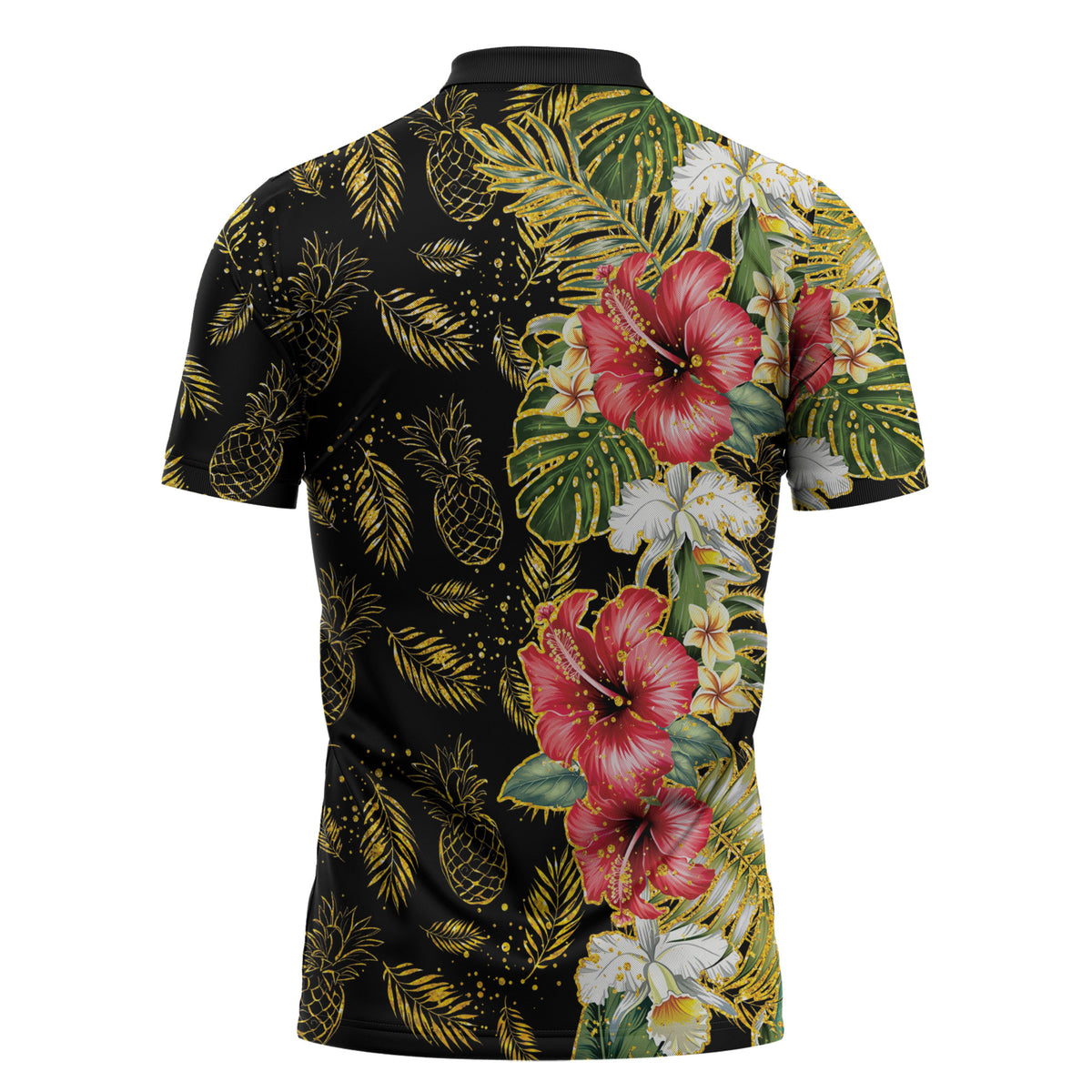 Hawaii Discoverers Day Zipper Polo Shirt Tropical Hibiscus Glitter Black LT05 - Polynesian Pride