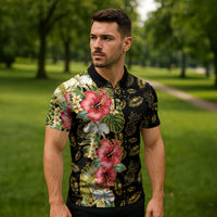 Hawaii Discoverers Day Zipper Polo Shirt Tropical Hibiscus Glitter Black LT05 - Polynesian Pride