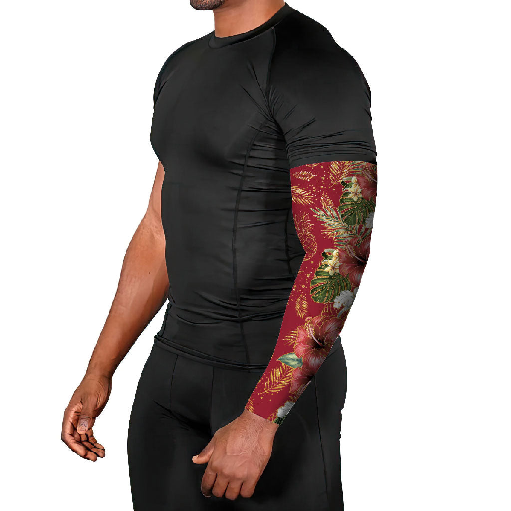 Hawaii Discoverers Day Arm Sleeves Tropical Hibiscus Glitter Crimson LT05 - Polynesian Pride