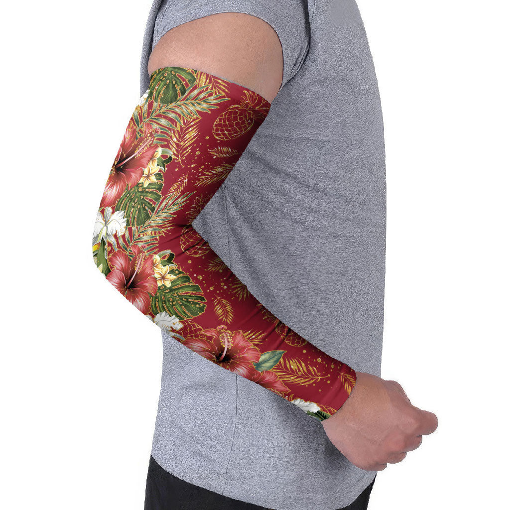 Hawaii Discoverers Day Arm Sleeves Tropical Hibiscus Glitter Crimson LT05 - Polynesian Pride