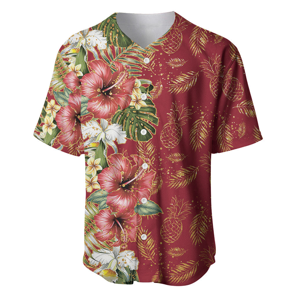 Hawaii Discoverers Day Baseball Jersey Tropical Hibiscus Glitter Crimson LT05 Crimson - Polynesian Pride