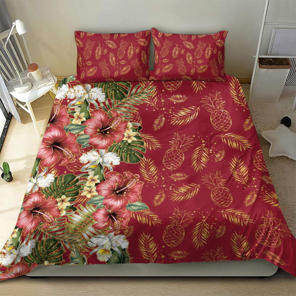 Hawaii Discoverers Day Bedding Set Tropical Hibiscus Glitter Crimson LT05 - Polynesian Pride
