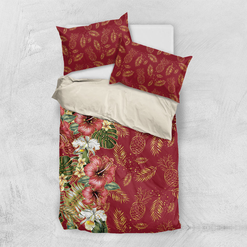 Hawaii Discoverers Day Bedding Set Tropical Hibiscus Glitter Crimson LT05 US Twin 172cm x 218cm Crimson - Polynesian Pride