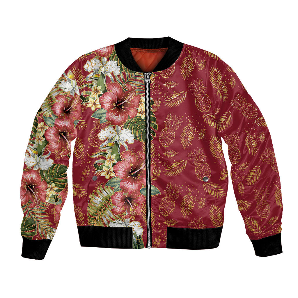 Hawaii Discoverers Day Bomber Jacket Tropical Hibiscus Glitter Crimson LT05 Unisex Crimson - Polynesian Pride