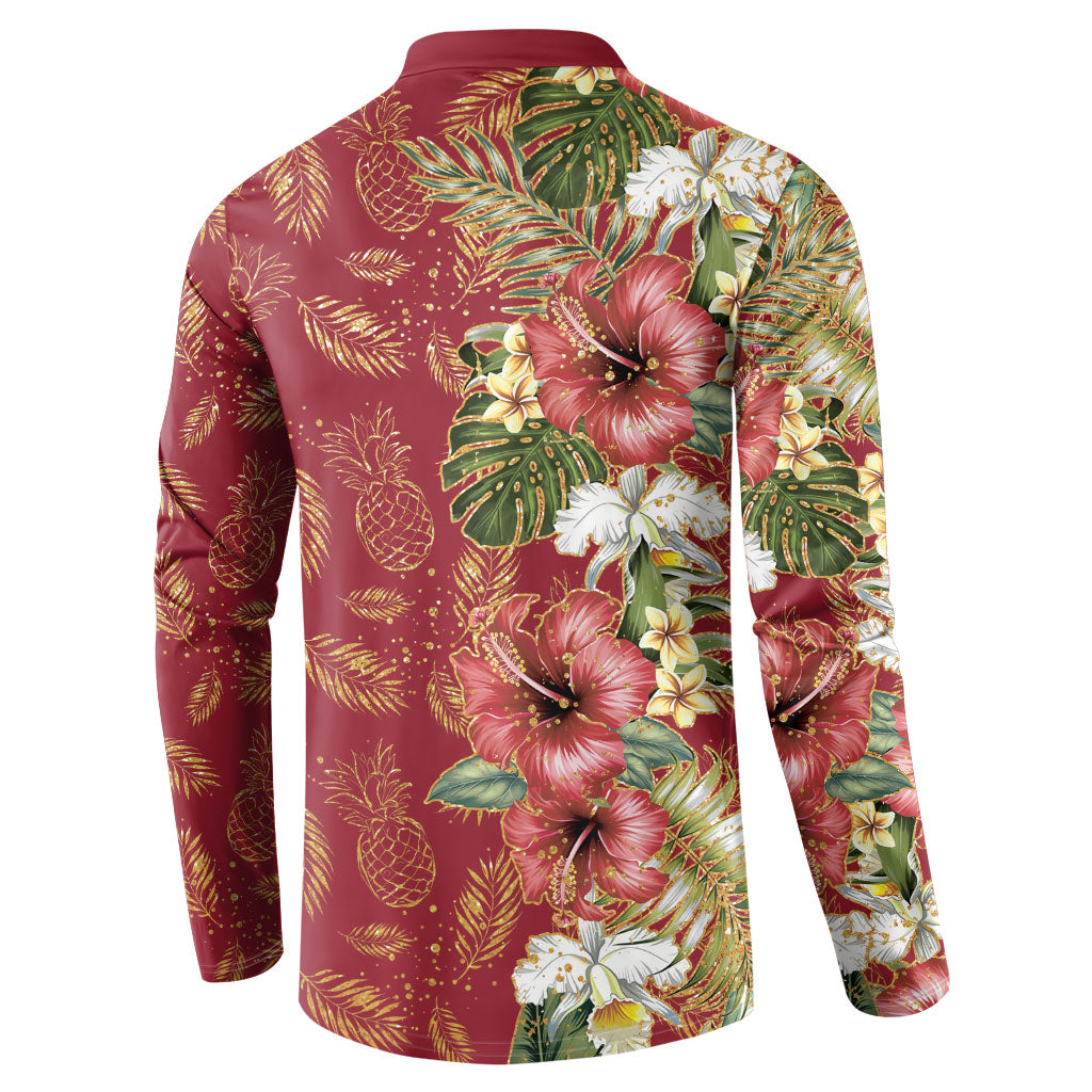 Hawaii Discoverers Day Button Sweatshirt Tropical Hibiscus Glitter Crimson LT05 - Polynesian Pride