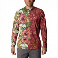 Hawaii Discoverers Day Button Sweatshirt Tropical Hibiscus Glitter Crimson LT05 - Polynesian Pride
