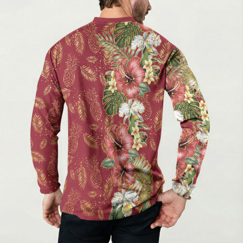 Hawaii Discoverers Day Button Sweatshirt Tropical Hibiscus Glitter Crimson LT05 - Polynesian Pride