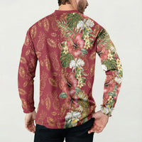 Hawaii Discoverers Day Button Sweatshirt Tropical Hibiscus Glitter Crimson LT05 - Polynesian Pride