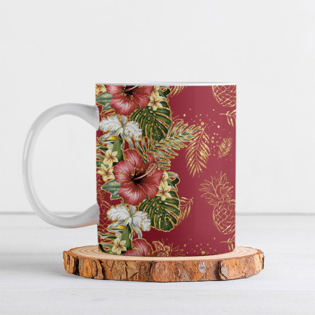 Hawaii Discoverers Day Ceramic Mug Tropical Hibiscus Glitter Crimson LT05 Crimson - Polynesian Pride