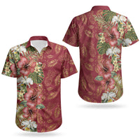 Hawaii Discoverers Day Couples Matching Off Shoulder Maxi Dress and Hawaiian Shirt Tropical Hibiscus Glitter Crimson LT05 - Polynesian Pride