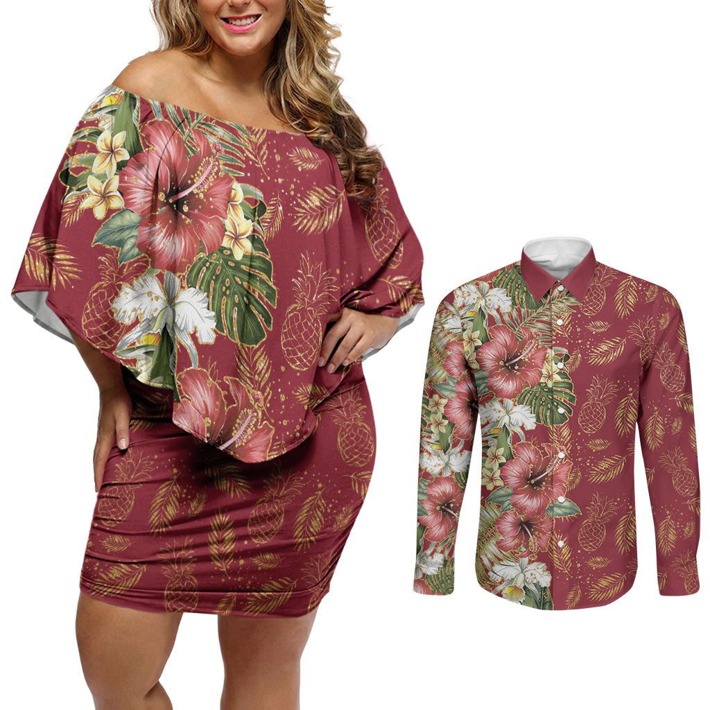 Hawaii Discoverers Day Couples Matching Off Shoulder Short Dress and Long Sleeve Button Shirt Tropical Hibiscus Glitter Crimson LT05 Crimson - Polynesian Pride