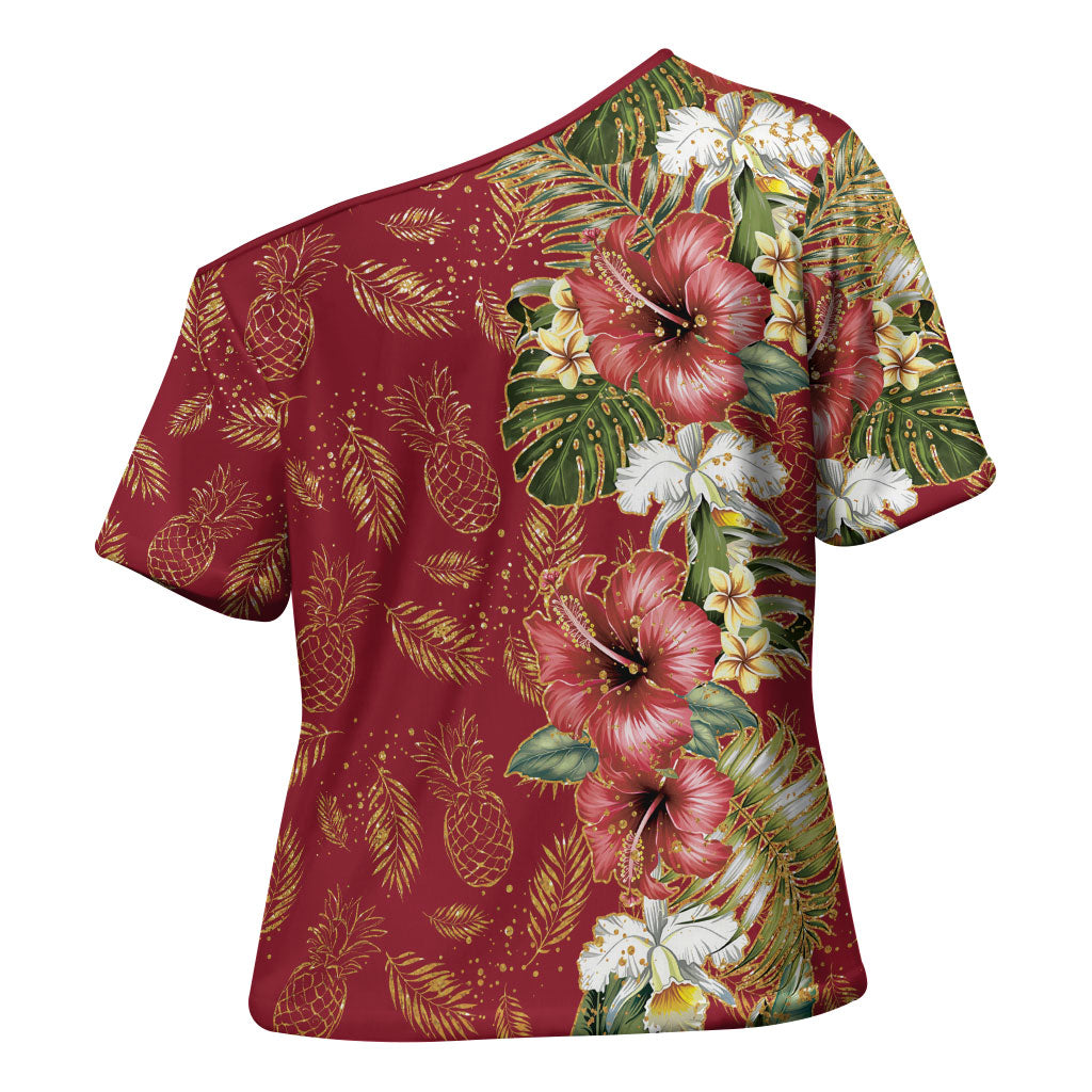 Hawaii Discoverers Day Cross Shoulder Shirt Tropical Hibiscus Glitter Crimson LT05 - Polynesian Pride