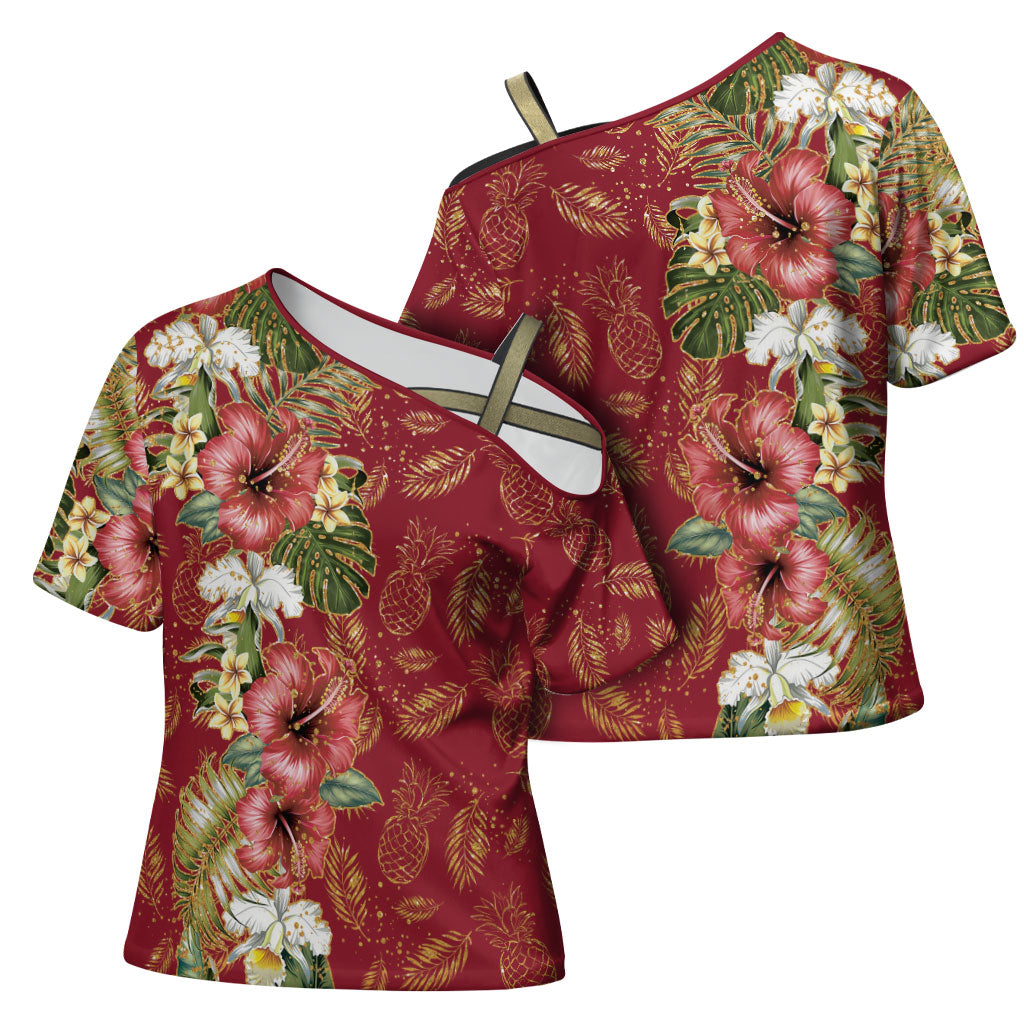 Hawaii Discoverers Day Cross Shoulder Shirt Tropical Hibiscus Glitter Crimson LT05 - Polynesian Pride
