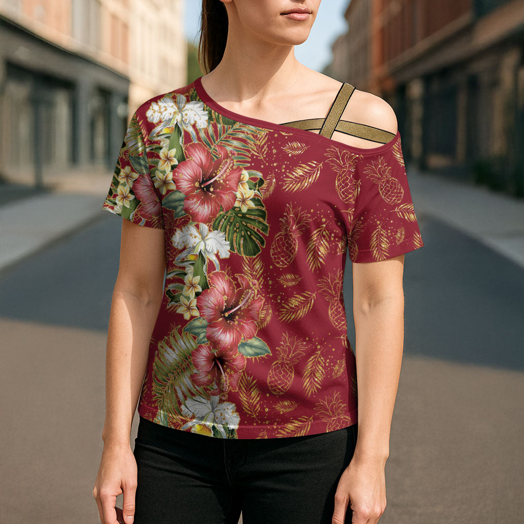 Hawaii Discoverers Day Cross Shoulder Shirt Tropical Hibiscus Glitter Crimson LT05 - Polynesian Pride