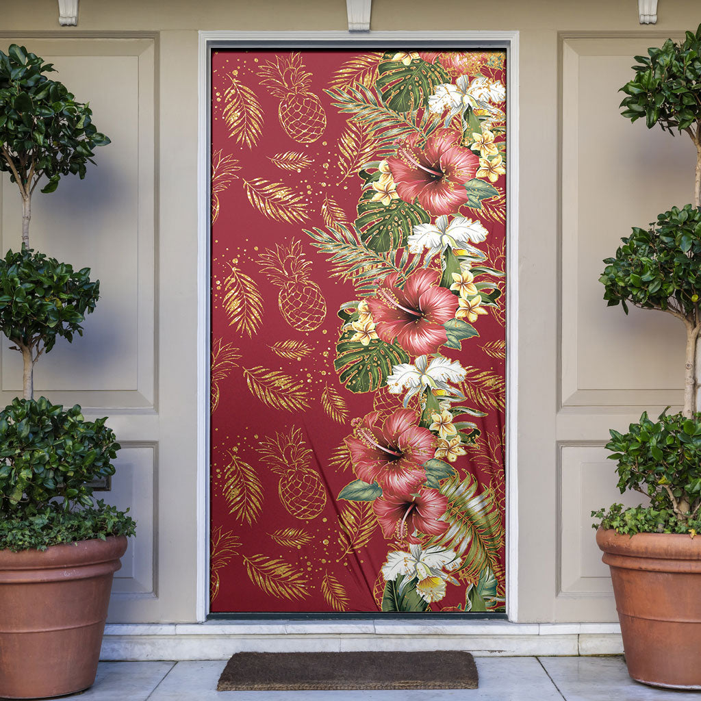 Hawaii Discoverers Day Door Cover Tropical Hibiscus Glitter Crimson