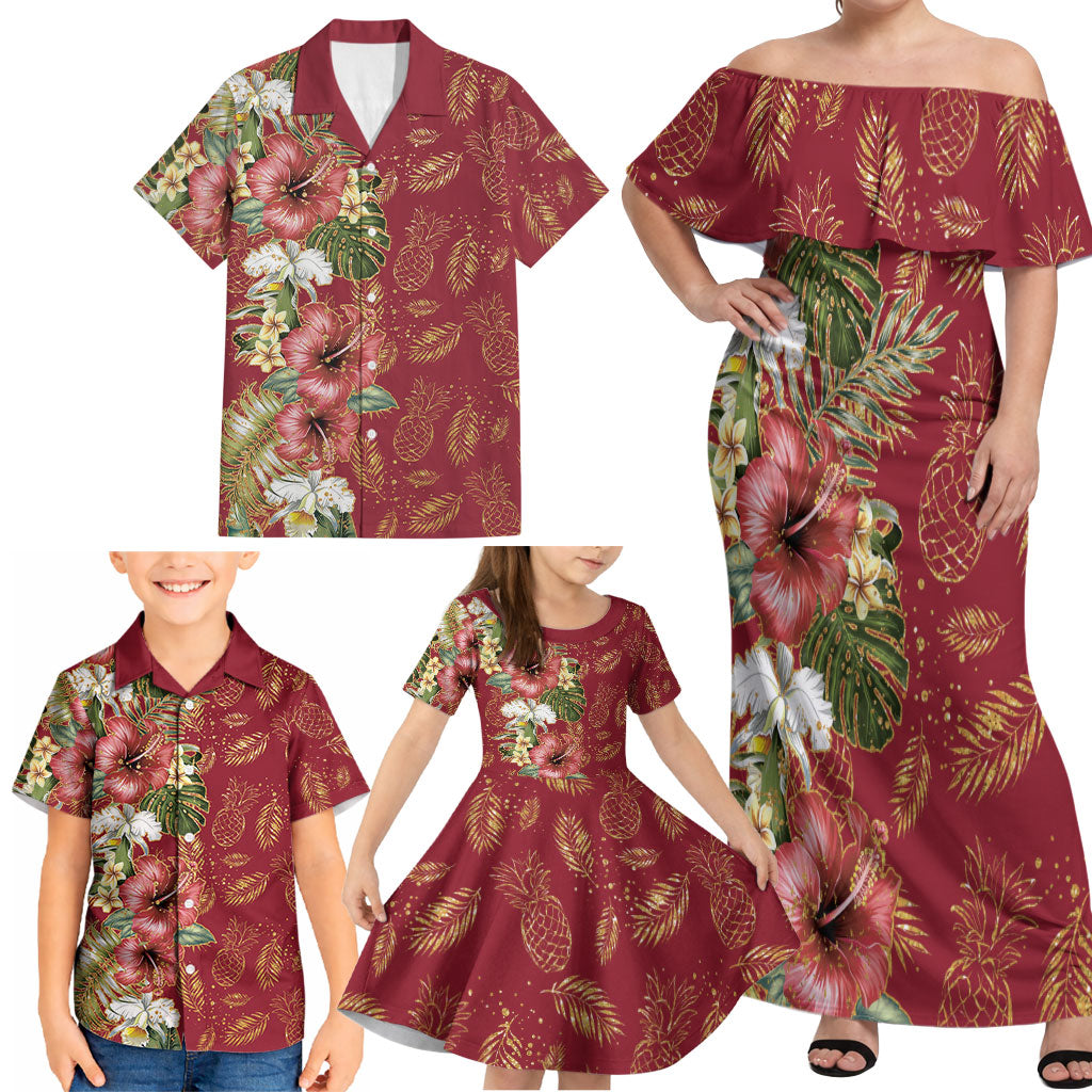 Hawaii Discoverers Day Family Matching Off Shoulder Maxi Dress and Hawaiian Shirt Tropical Hibiscus Glitter Crimson LT05 - Polynesian Pride