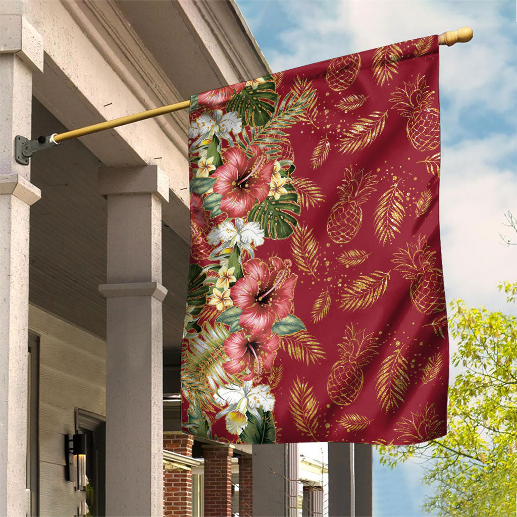 Hawaii Discoverers Day Garden Flag Tropical Hibiscus Glitter Crimson