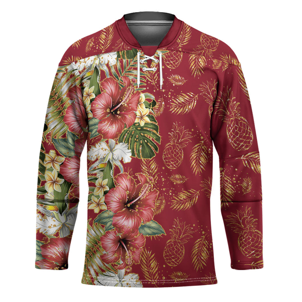 Hawaii Discoverers Day Hockey Jersey Tropical Hibiscus Glitter Crimson LT05 Unisex Crimson - Polynesian Pride