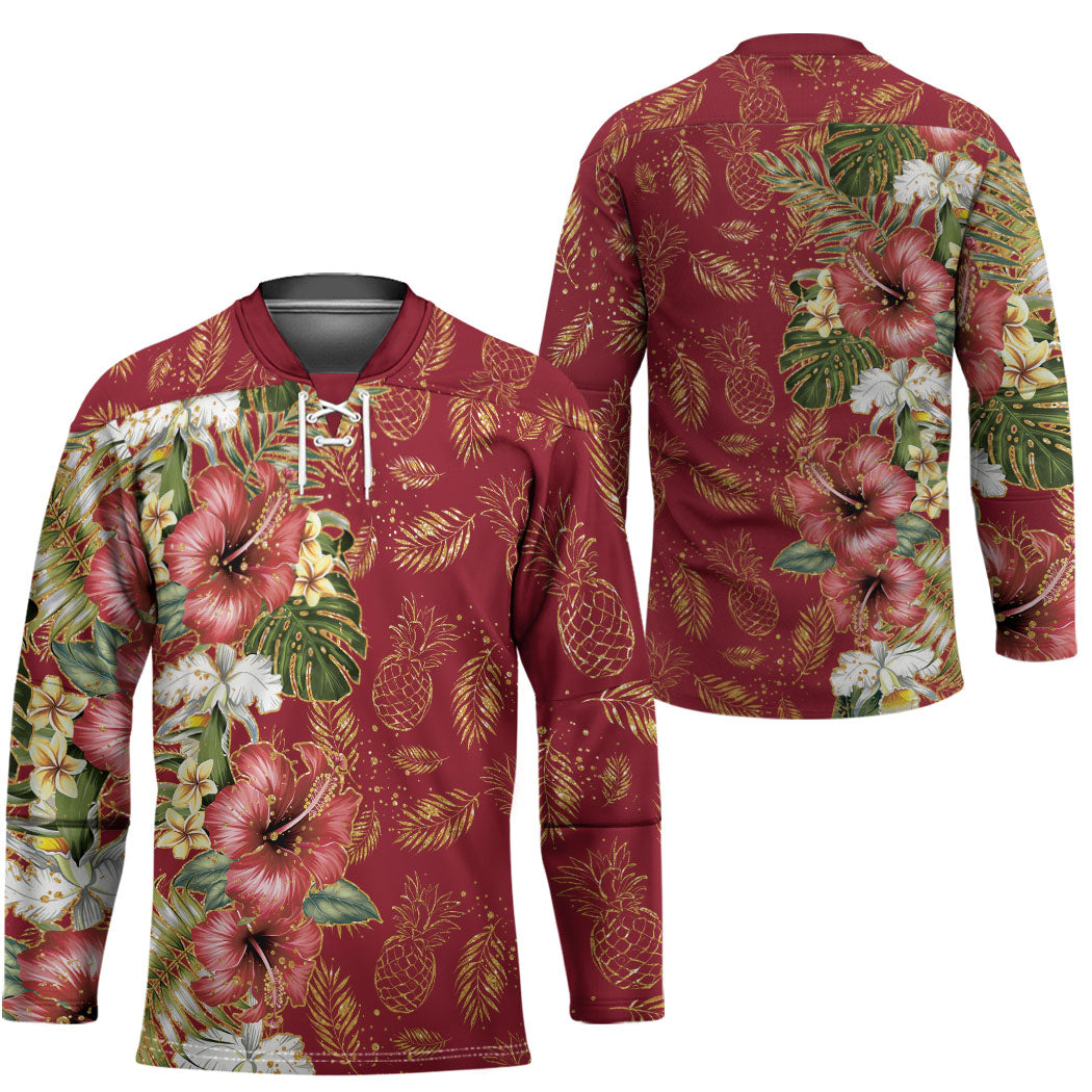 Hawaii Discoverers Day Hockey Jersey Tropical Hibiscus Glitter Crimson LT05 - Polynesian Pride