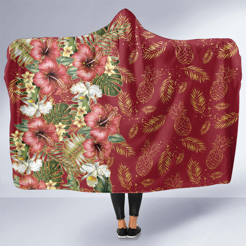 Hawaii Discoverers Day Hooded Blanket Tropical Hibiscus Glitter Crimson LT05 One Size Crimson - Polynesian Pride