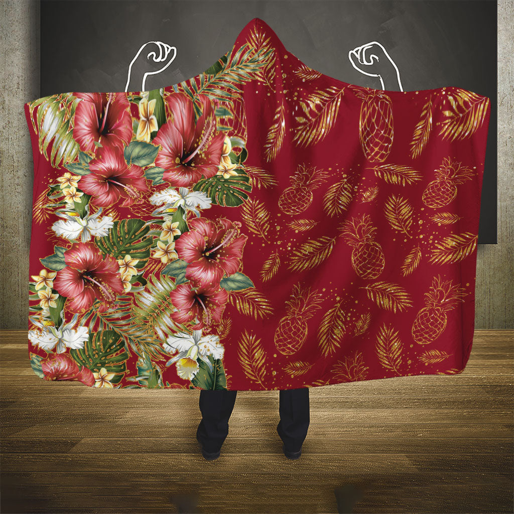 Hawaii Discoverers Day Hooded Blanket Tropical Hibiscus Glitter Crimson LT05 - Polynesian Pride