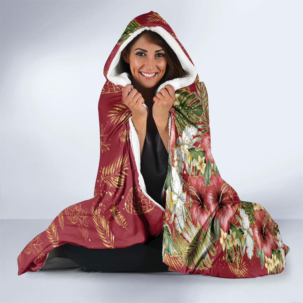 Hawaii Discoverers Day Hooded Blanket Tropical Hibiscus Glitter Crimson LT05 - Polynesian Pride