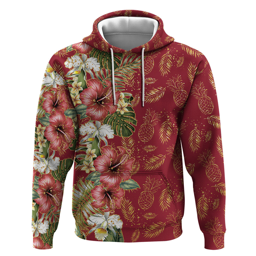 Hawaii Discoverers Day Hoodie Tropical Hibiscus Glitter Crimson LT05 Pullover Hoodie Crimson - Polynesian Pride