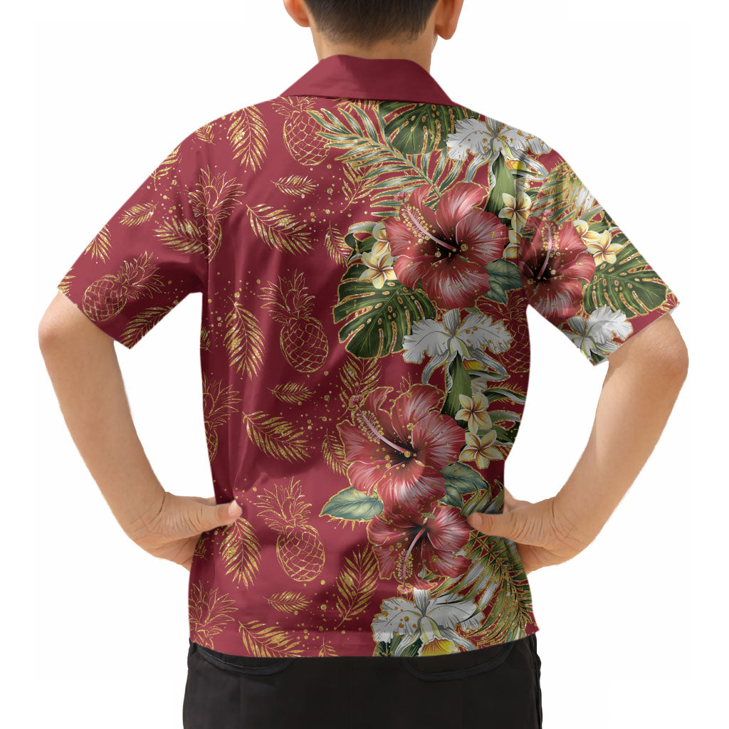 Hawaii Discoverers Day Kid Hawaiian Shirt Tropical Hibiscus Glitter Crimson LT05 - Polynesian Pride