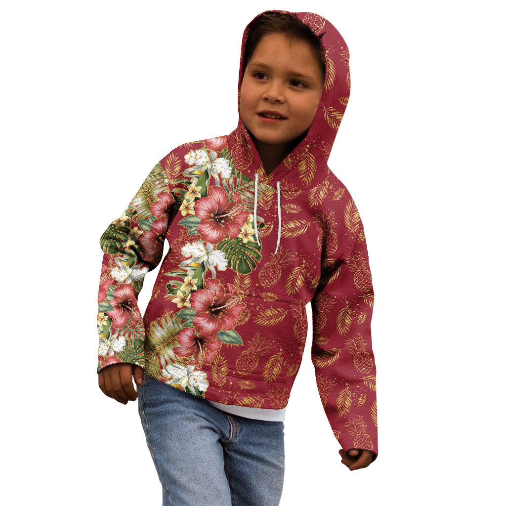 Hawaii Discoverers Day Kid Hoodie Tropical Hibiscus Glitter Crimson LT05 - Polynesian Pride