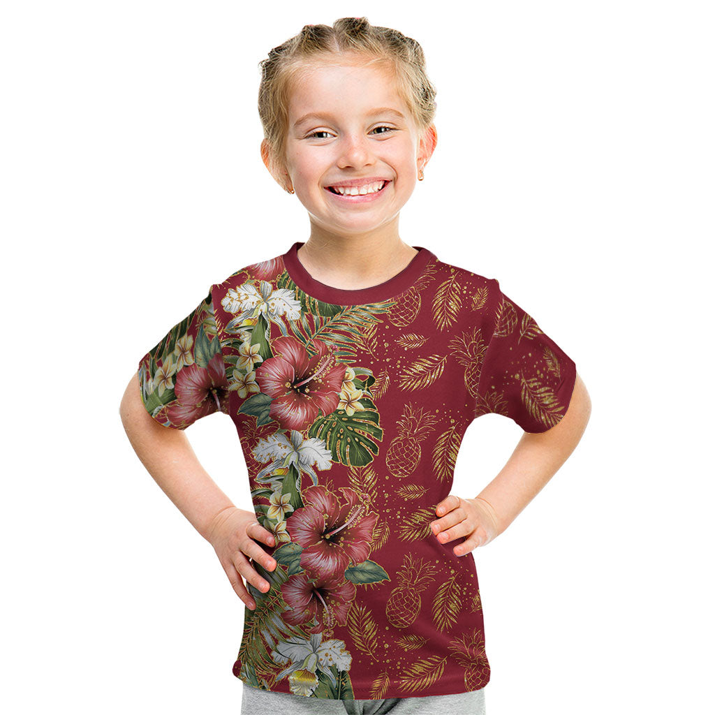 Hawaii Discoverers Day Kid T Shirt Tropical Hibiscus Glitter Crimson