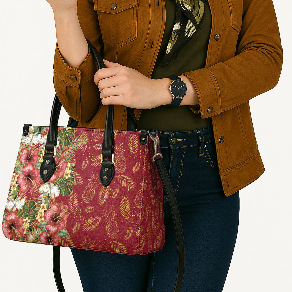 Hawaii Discoverers Day Leather Bag Tropical Hibiscus Glitter Crimson LT05 - Polynesian Pride