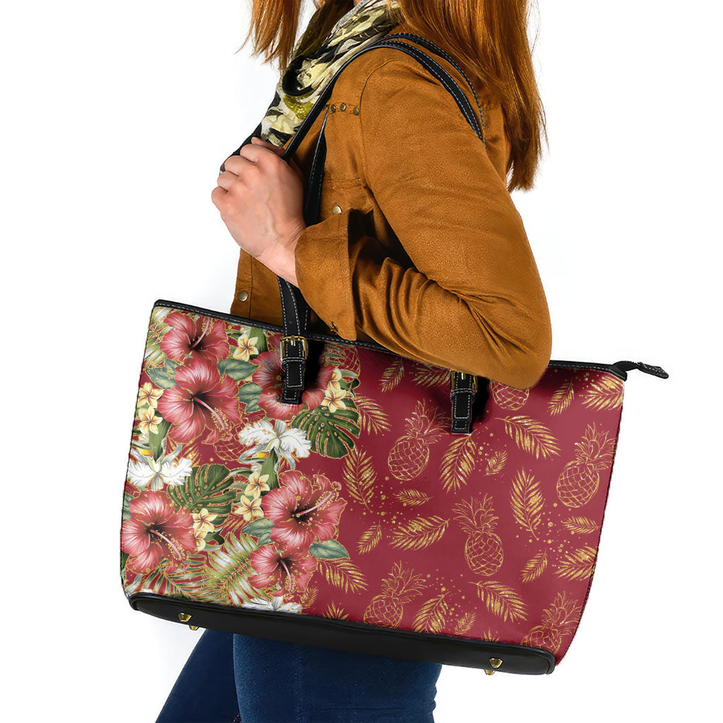 Hawaii Discoverers Day Leather Tote Bag Tropical Hibiscus Glitter Crimson LT05 Crimson - Polynesian Pride