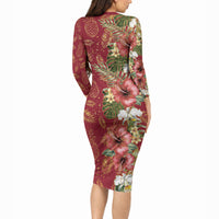 Hawaii Discoverers Day Long Sleeve Bodycon Dress Tropical Hibiscus Glitter Crimson LT05 - Polynesian Pride