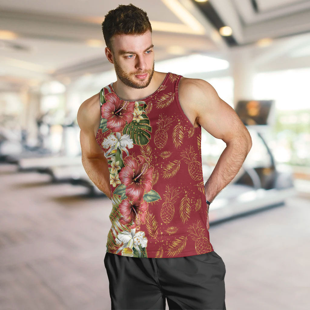 Hawaii Discoverers Day Men Tank Top Tropical Hibiscus Glitter Crimson LT05 Crimson - Polynesian Pride