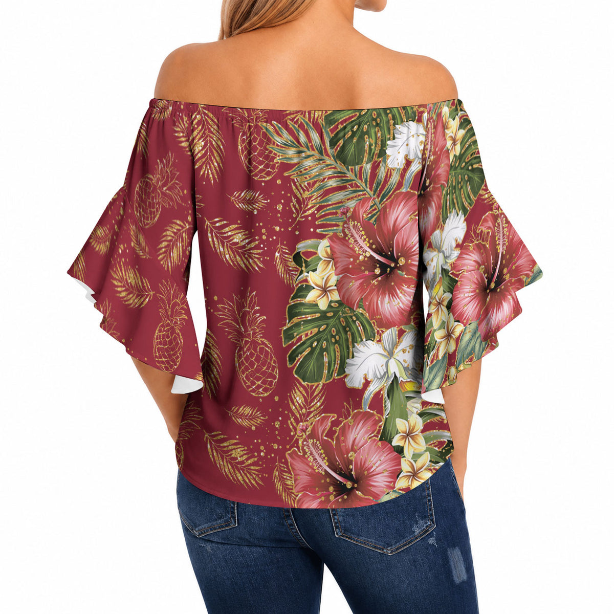Hawaii Discoverers Day Off Shoulder Wrap Waist Top Tropical Hibiscus Glitter Crimson LT05 - Polynesian Pride