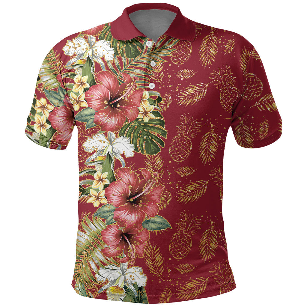Hawaii Discoverers Day Polo Shirt Tropical Hibiscus Glitter Crimson
