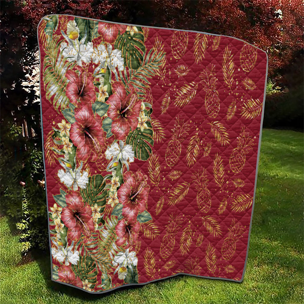 Hawaii Discoverers Day Quilt Tropical Hibiscus Glitter Crimson LT05 - Polynesian Pride