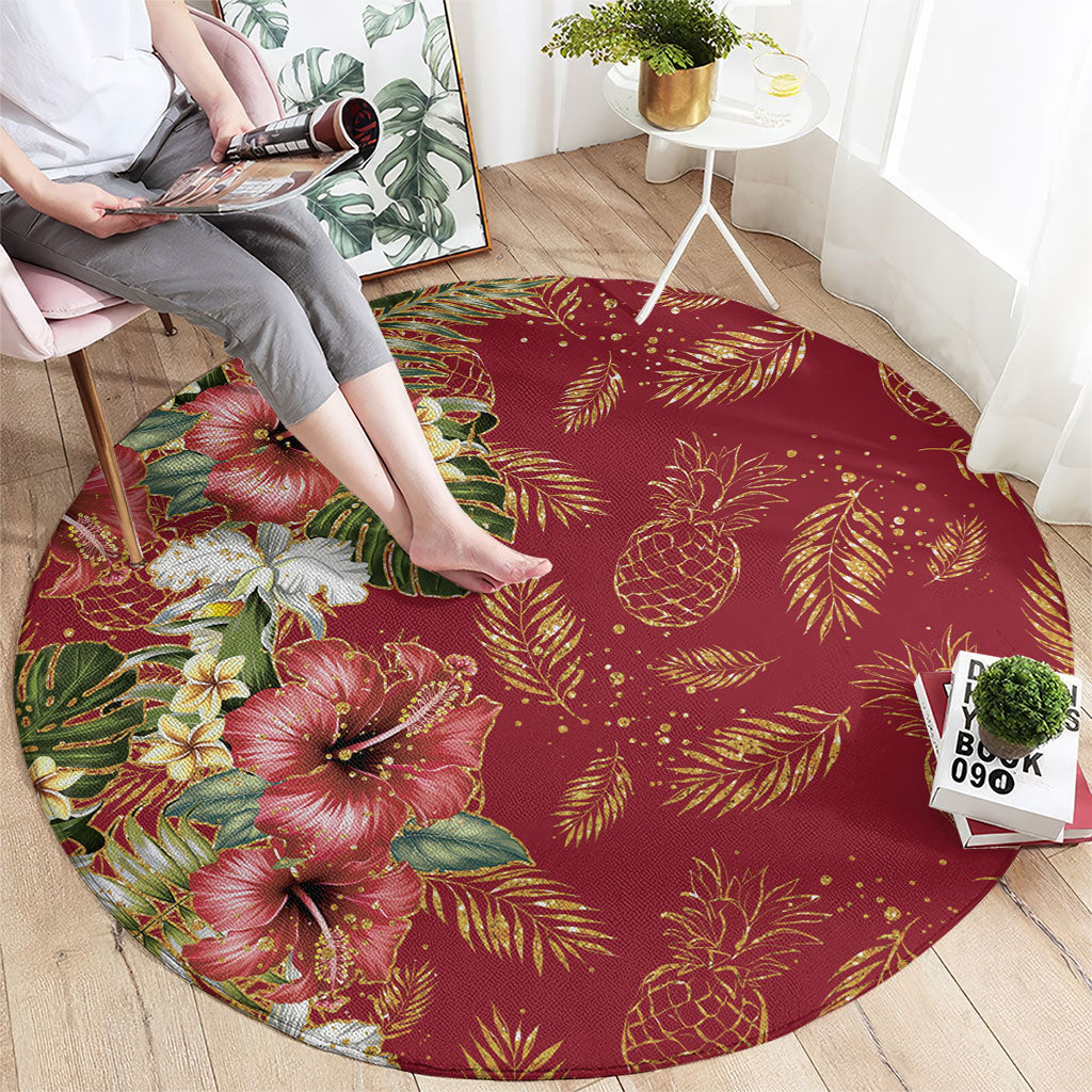 Hawaii Discoverers Day Round Carpet Tropical Hibiscus Glitter Crimson LT05 - Polynesian Pride