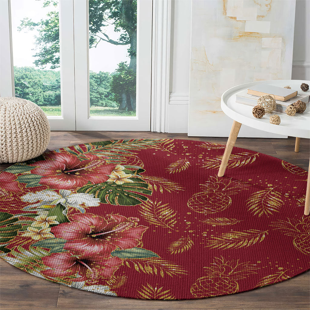 Hawaii Discoverers Day Round Carpet Tropical Hibiscus Glitter Crimson LT05 - Polynesian Pride