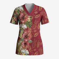 Hawaii Discoverers Day Scrub Top Tropical Hibiscus Glitter Crimson LT05 Adult Crimson - Polynesian Pride