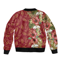 Hawaii Discoverers Day Sleeve Zip Bomber Jacket Tropical Hibiscus Glitter Crimson LT05 - Polynesian Pride