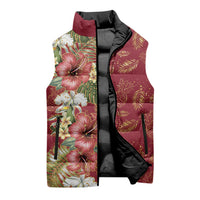 Hawaii Discoverers Day Sleeveless Puffer Jacket Tropical Hibiscus Glitter Crimson LT05 - Polynesian Pride