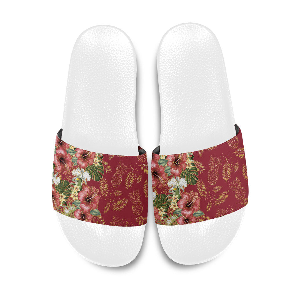 Hawaii Discoverers Day Slide Sandals Tropical Hibiscus Glitter Crimson LT05 Crimson - Polynesian Pride