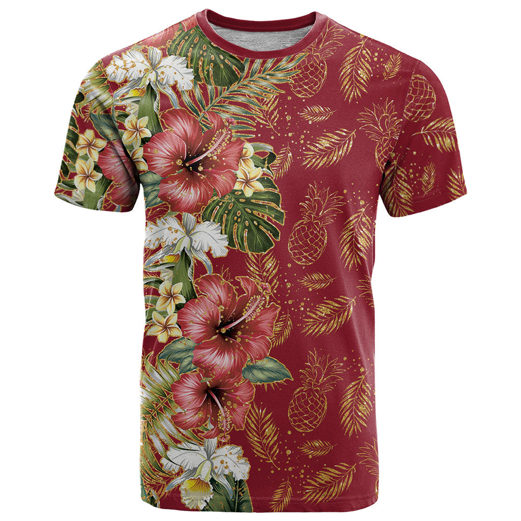 Hawaii Discoverers Day T Shirt Tropical Hibiscus Glitter Crimson