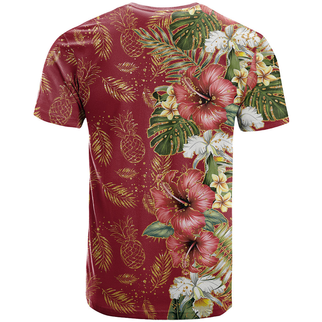 Hawaii Discoverers Day T Shirt Tropical Hibiscus Glitter Crimson